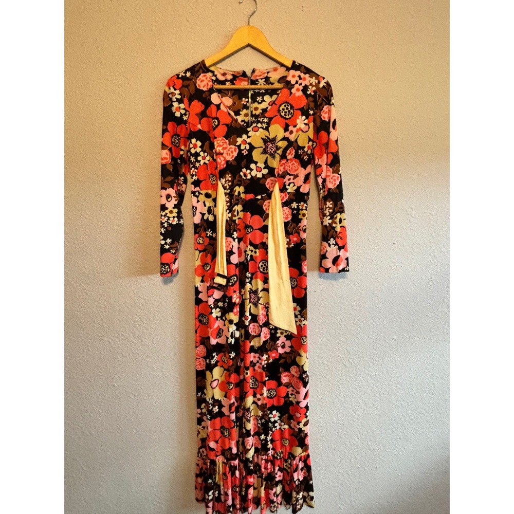 Vintage‎ 70s Handmade Psychedelic Floral Maxi Dress Long Sleeve Ruffle Hem Boho